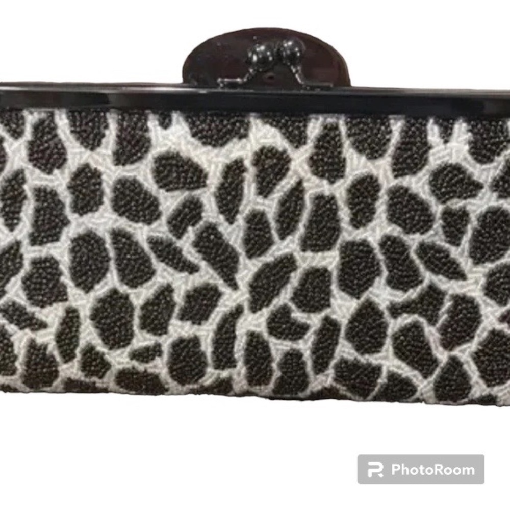 Inge Christopher Clutch Brown Beaded Giraffe Print Luxury Maximalist Neutral 80s